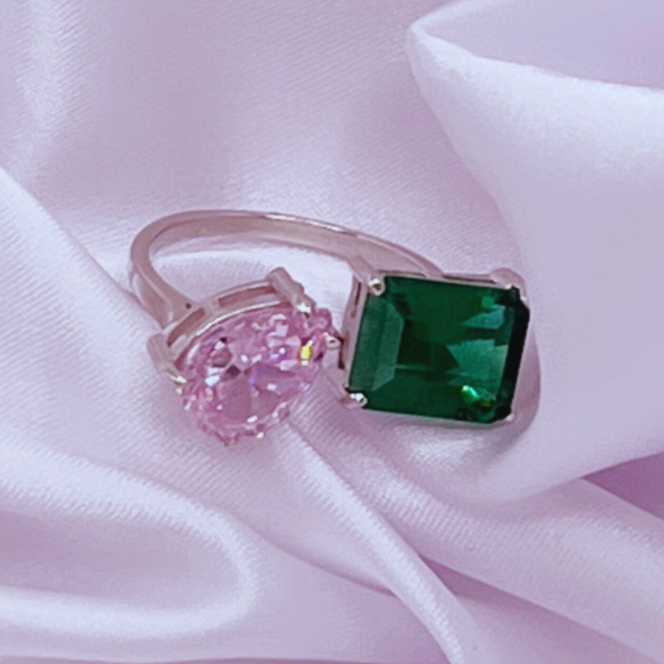 Pink Green Sterling Silver Adjustable Ring