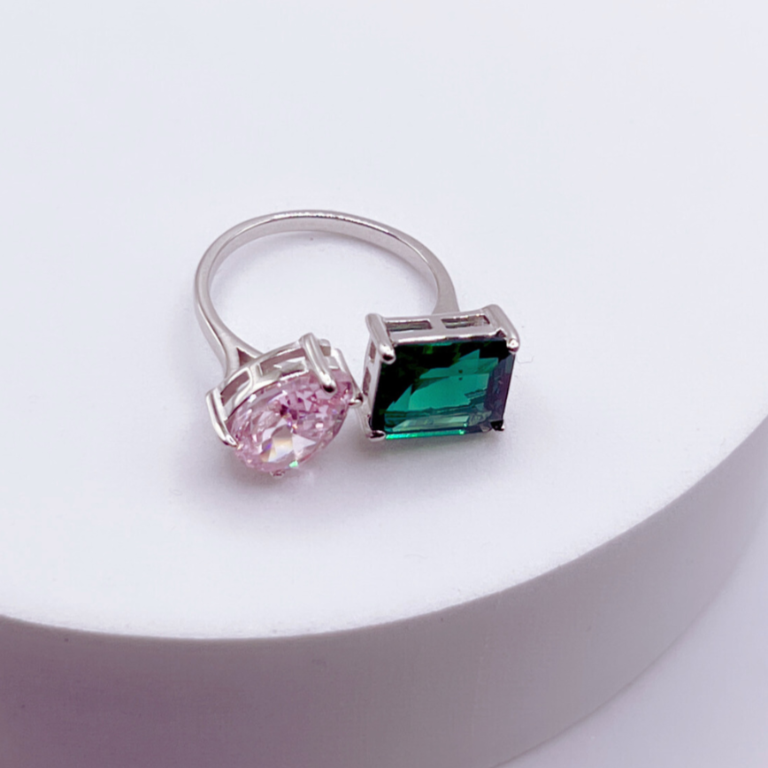 Pink Green Sterling Silver Adjustable Ring