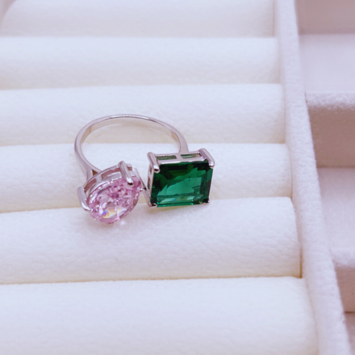 Pink Green Sterling Silver Adjustable Ring