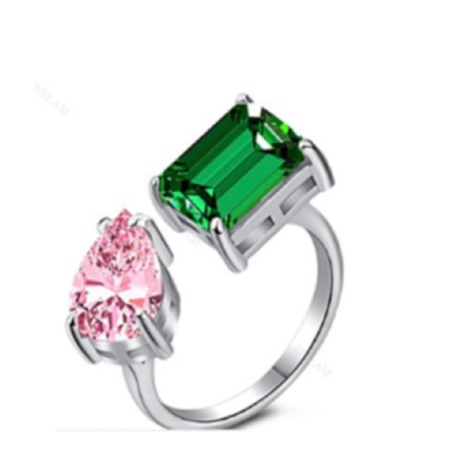 Pink Green Sterling Silver Adjustable Ring