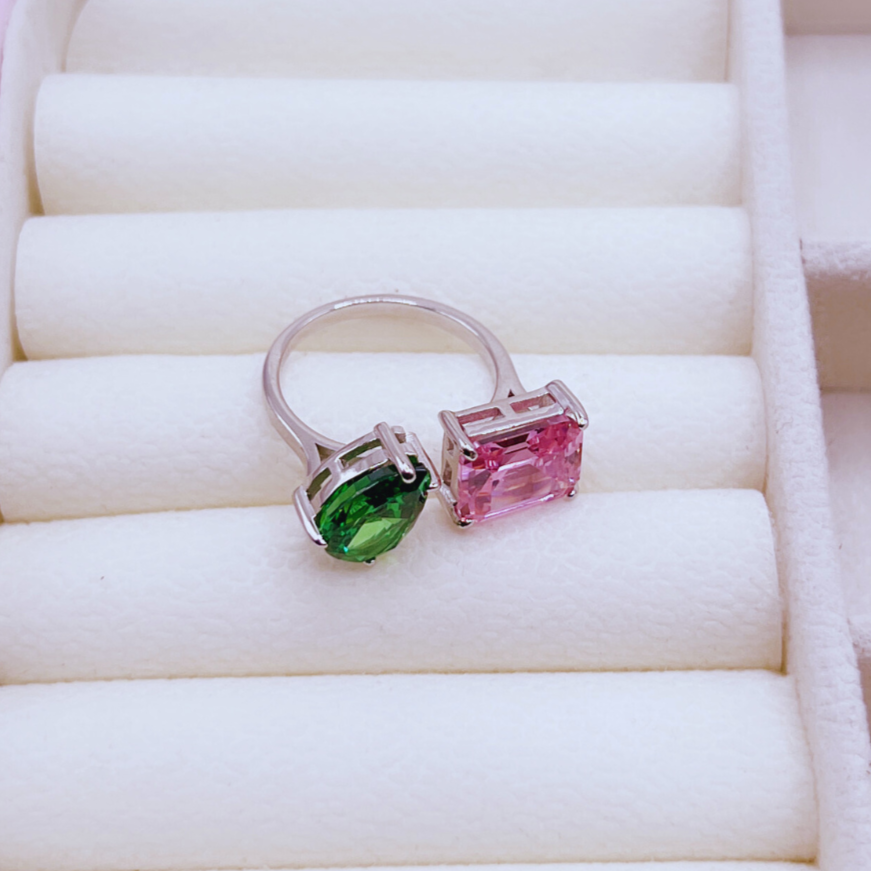 Pink Green Sterling Silver Adjustable Ring